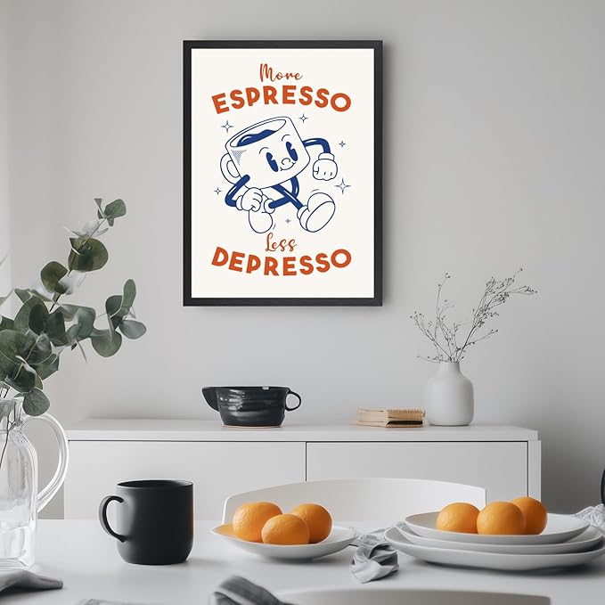 Cyebmo Black White Coffee Wall Art, More Espresso Less Depresso Wall Decor, Funny Coffee Canvas Painting, Cute Cartoon Cafe Cup Poster Print for Kitchen Office Cafe Bar, Wood Framed 16x24 Inch