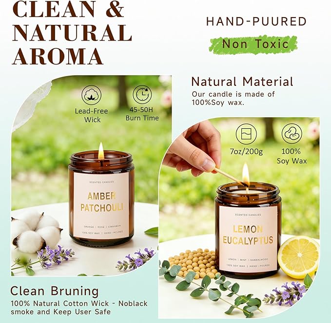 Candles for Home Scented, 4 Pack Soy Candle Non Toxic, Spring Scented Candles with Lavender Thyme, Magnolia & Sandalwood, Amber Patchouli, Lemon Eucalyptus - Candle Gifts Set for Women & Mothers Day