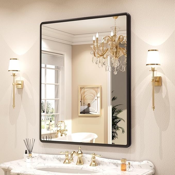 pertetey New Upgrade Bathroom Mirror, 36X30 Inch Black Metal Frame Wall Mounted Rounded Rectangle Bathroom Vanity Mirror with Tempered Glass for Washroom Bedroom Living Room