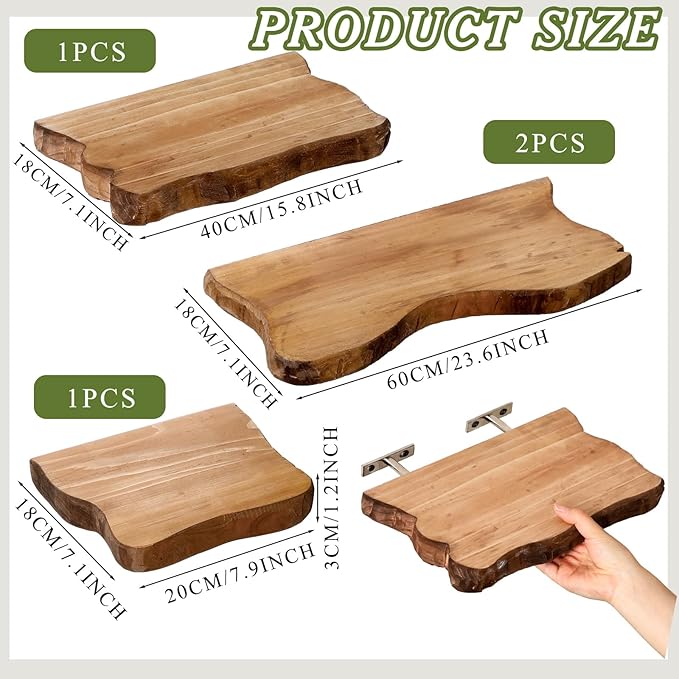 Pinkunn 4 Pcs Floating Shelves for Wall Wooden Live Edge Shelf Wall-Mounted Natural Solid Wood Bedroom Kitchen Storage Living Room Nursery Decor (23.6/15.8/7.9 Inch)