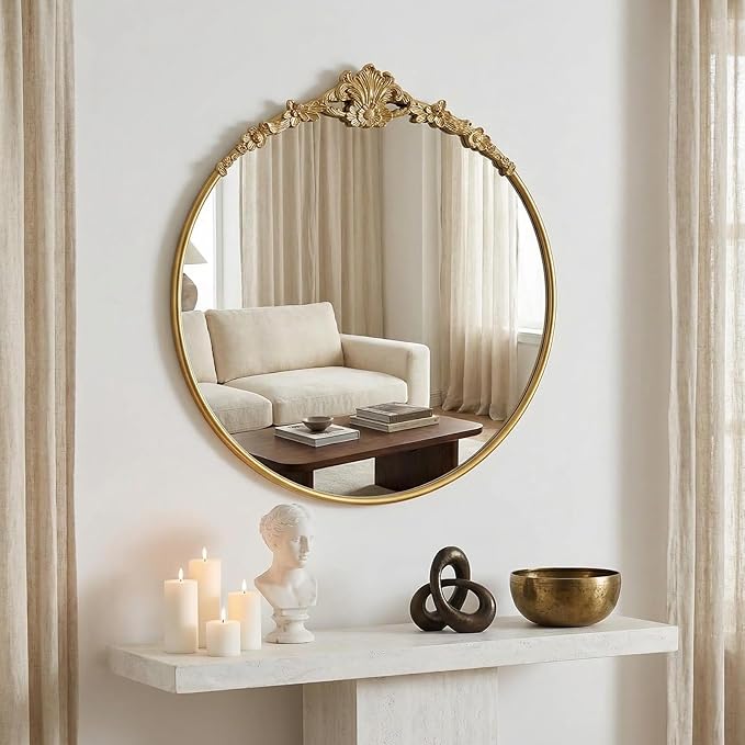 Vintage Baroque Round Wall Mirror 24" Circle Gold Mirror for Bathroom Antique Ornate Carved Frame Accent Mirror for Living Room Bedroom Entryway Vanity