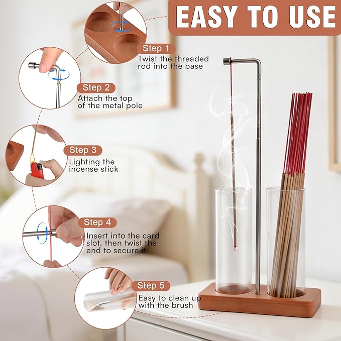 2 in 1 Incense Holder Modern Design– Adjustable Height (8.7"-13.4") with Secure Connection and, Vertical Incense Burner for Sticks & Cones, Glass Ash Catcher for Yoga Meditation Home Office Decor