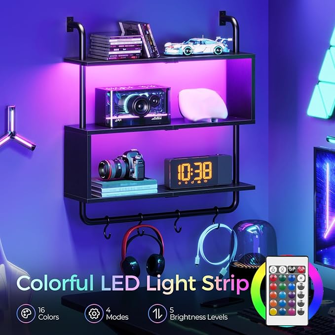 HOOBRO Floating Shelves with LED Lights, 29.5" LED Wall Mounted Gaming Shelf, 3-Tier Pipe Display Rack with Hanging Rod and 4 S-Hooks, for Storage Livingroom, Bedroom, Kitchen, Black BB21DBJ01