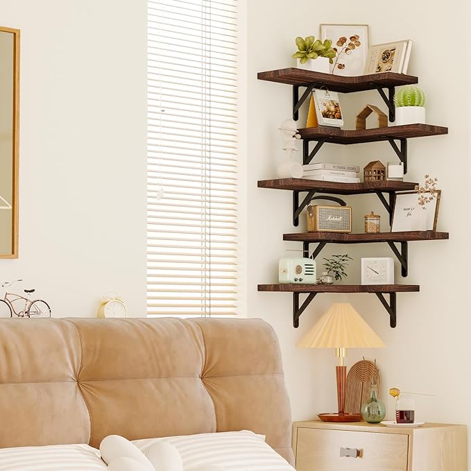 Fixwal Floating Shelves for Wall, Rustic Wood Wall Mounted Corner Shelf for Bathroom, Kitchen, Bedroom, Home Decor, Laundry Room, Living Room, Set of 5 (Walnut Brown)