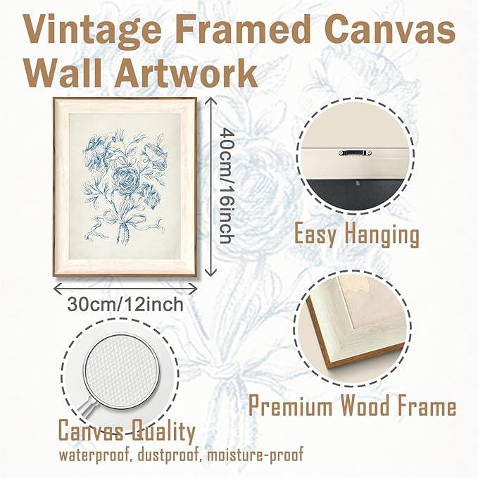 ASTRDECOR Framed Vintage Wall Art for Bathroom, Botanical Blue Wall Art for Home Decor Aesthetic, Victorian Blue Rose Bouquet Sketch Painting Floral Canvas Art Prints, Antique Flower Pictures for Living Room - 12''x16''