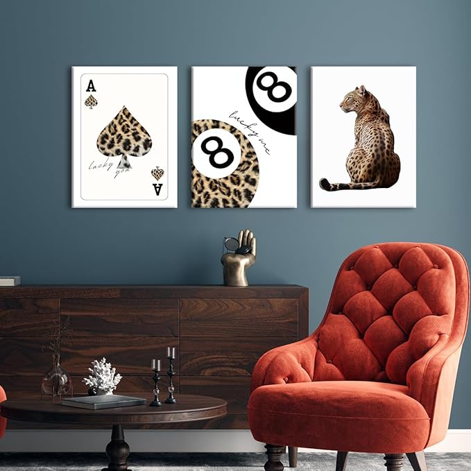 Trendy Leopard Canvas Wall Art Set of 3 - Cheetah Prints Wall Decor Pictures, Funky Lucky You 8 Ball Poster Preppy Aesthetic Paintings, for Girls Bedroom Dorm Apartment 16x24 inch Framed