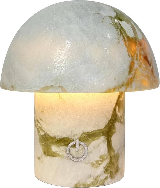 Natural Stone Mushroom Lamp, Marble LED Rechargeable Night Light with Touch Dimming, 3-Level Brightness Small Table Lamp for Bedside Ambient Home Decor, Hand-Polished Stone Decor Light