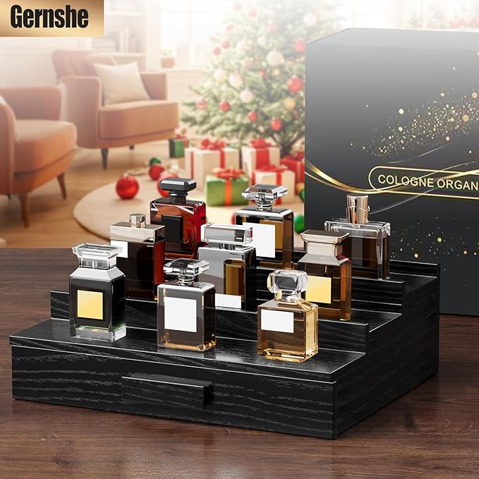 Solid Walnut Cologne Organizer for Men,Cologne Stand,3 Tier Wooden Cologne Holder Shelf Display,Perfume Stand Organizer with Drawer and Hidden Compartment,Gift for Men Dad Husband,Black