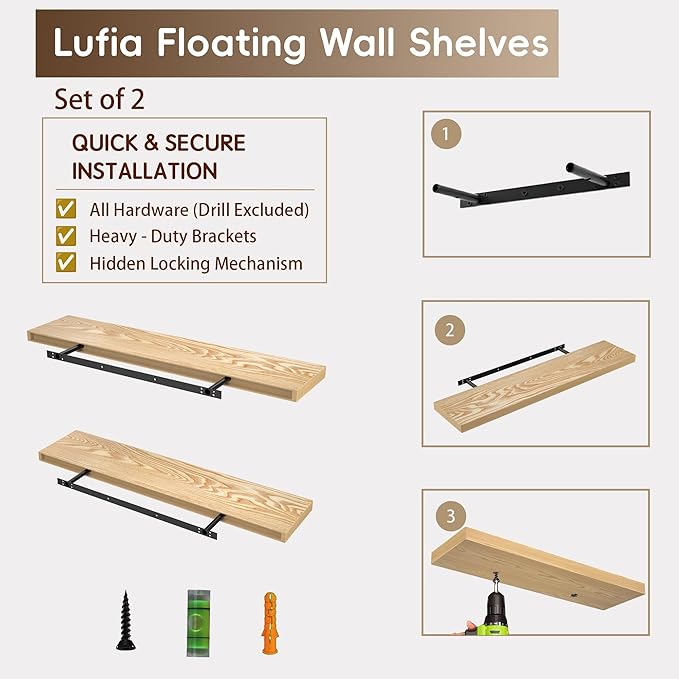 Lufia Floating Wall Shelves, Set of 2, MDF with Invisible Brackets, Modern Storage for Bedroom, Bathroom, Living Room, Kitchen (Oak, 32" W x 7" D x 1.5" H)