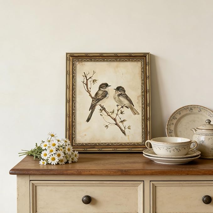 Vintage Gold Framed Wall Art Neutral Summer Bird Wall Art Vintage Botanical Birds Nature Wall Decor Picture Rustic Cottage Gallery Poster Print for Living Room Bedroom 9x11in