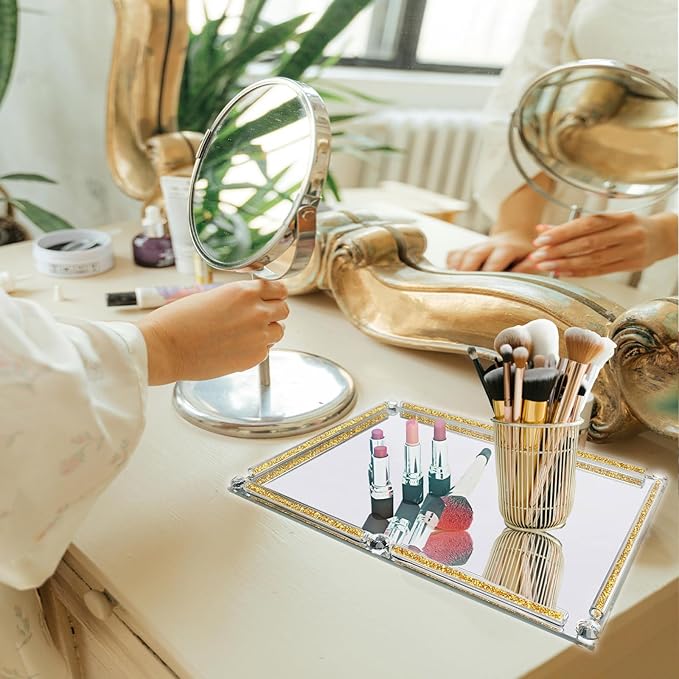 Large Gold and Glass Tray, 15.7" x 11.8" Crushed Diamond Mirror Perfume Makeup Display Tray, Noble Jewelry Trinket Cosmetics Crystal Makeup Organizer for Home Decor,Banquet Party (Golden)