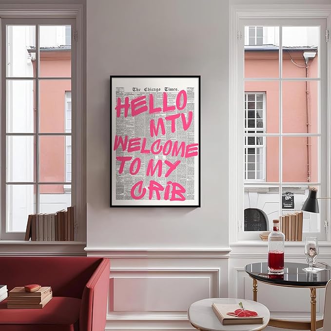 Enlaizhude Pink Hello MTV Welcome To My Crib Quote Poster, Vintage Black White Newspaper Canvas Wall Art, Trendy Typography Print Picture, Charming Positive Dorm Bedroom Wall Decor 16x24in Unframed