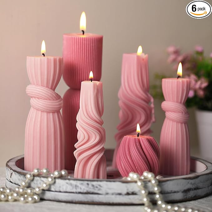 Threlaco 6 Pcs Pink Pillar Candles Decorative Modern Aesthetic Ribbed Candle Set Cute Soy Wax Scented Ribbed Decor Valentine's Commemorative Gift for Home Decoration(2.36-6.69 Inch)