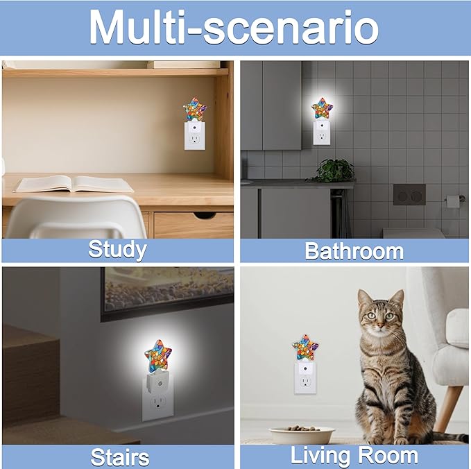 Colorful Stained Glass Dusk to Dawn Star Night Light,Abstract Smart Sensor Nightlight for Bedroom Kitchen Hallway Stairs,Plug-in Energy Efficient Decor Desk Lamp Women Men Gifts