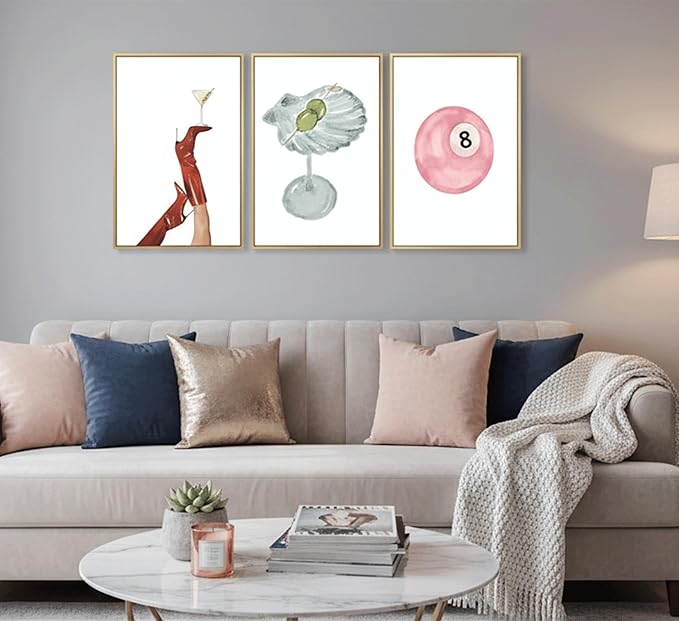 YZLYAD 3Pcs Funky Martini-Themed Wall Art,Vintage Preppy Aesthetic Fashion Pink Number 8-Ball Canvas Prints Poster, Y2k Girl's Room Wall Decor for Living Room Bedroom Dorm 12x16 In Unframed