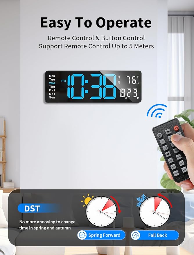 MASHI Digital Wall Clock, 16" Large Display Digital Clock with Remote Control, Auto-Dimming Wall Clock with Night Light, DST, Date Week,Temp for Living Room, Bedroom, Decor, for Elderly