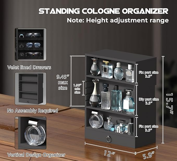 Wooden Cologne Organizer for Men Sliding 4 Tiers of Standing Perfume Display Stand with Side & Under Double Drawers Large Storage Perfume Organizer Display Shelf Holder,Gift for Man (Classic Black)
