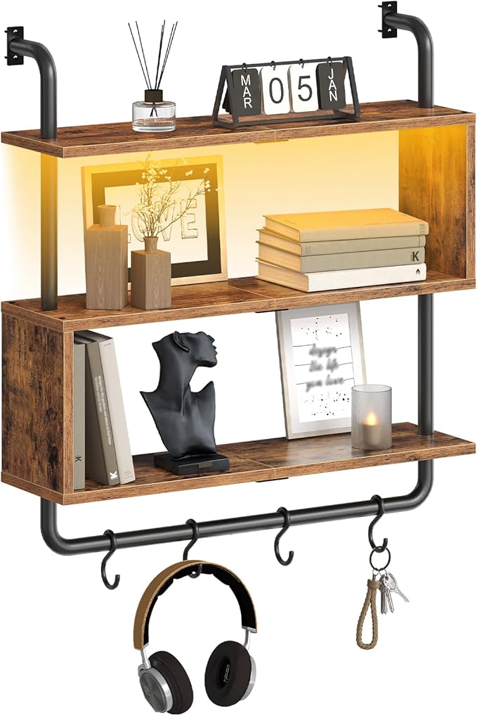 HOOBRO Floating Shelves with LED Lights, 29.5" LED Wall Mounted Gaming Shelf, 3-Tier Pipe Display Rack with Hanging Rod and 4 S-Hooks, for Storage Livingroom, Bedroom, Rustic Brown and Black BF21DBJ01