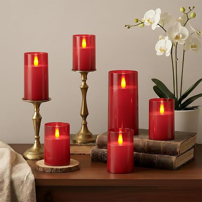 Raycare Flameless Electronic Pillar Candles with Remote Control and Timer- Battery Operated Realistic Flickering LED Fake Candle for Home, Wedding, Valentine's Day Decor,Red,Set of 3(3"x4"5" 6")