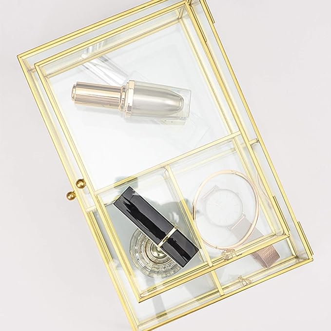 Cosmetic Organizer, Make Up Organizer Glass Compartments Make Up Brush Holder Clarity Cosmetic Box with Lid Jewelry Box for Desk Make Up Holder Kitchen Bathroom, Gold