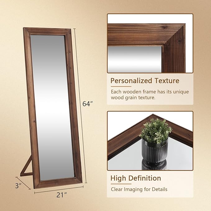 Rustic Farmhouse Full Length Mirror, 64"x21" Wood Frame Floor Mirror, Free Standing Mirror Leaning Wall for Bedroom Living Room Cloakroom, Rustic Brown