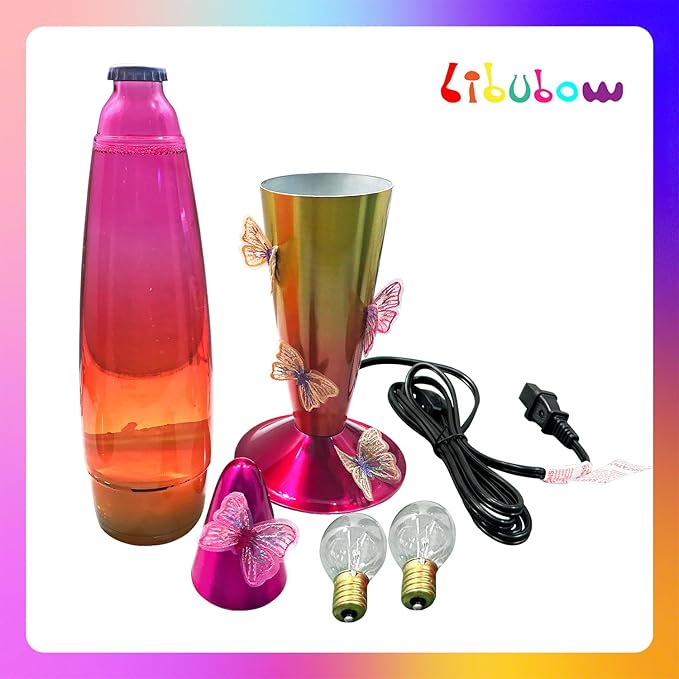 16 Inch Rainbow Motion Lamp with Butterfly Embroidery, 2 Bulbs, Mood Lighting Butterfly Lamp, Relaxing Night Light for Adults, Teens and Kids, Room Decor, Present, Purple Orange Yellow