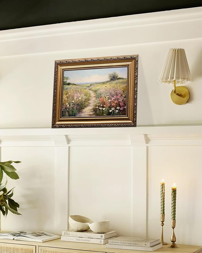 KBKBART Gold Framed Vintage Wall Art, Vintage Spring Decor, Wildflower Countryside Canvas Oil Painting Farmhouse Decor Wall Art, Rustic Antique Landscape Bathroom Wall Decor for Bedroom Living Room, Gifts for Friends or Family(12"x16")