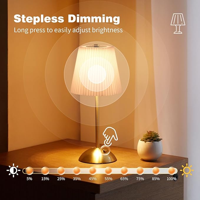 Cordless Table Lamp, 3000mAh Rechargeable Battery Operated Touch Light, Portable 3-Color Dimmable Vintage Ambient Light Beige Fabric Shade for Dining Table/Bedroom/Kitchen/Bar/Bathroom/Entryway/Gift