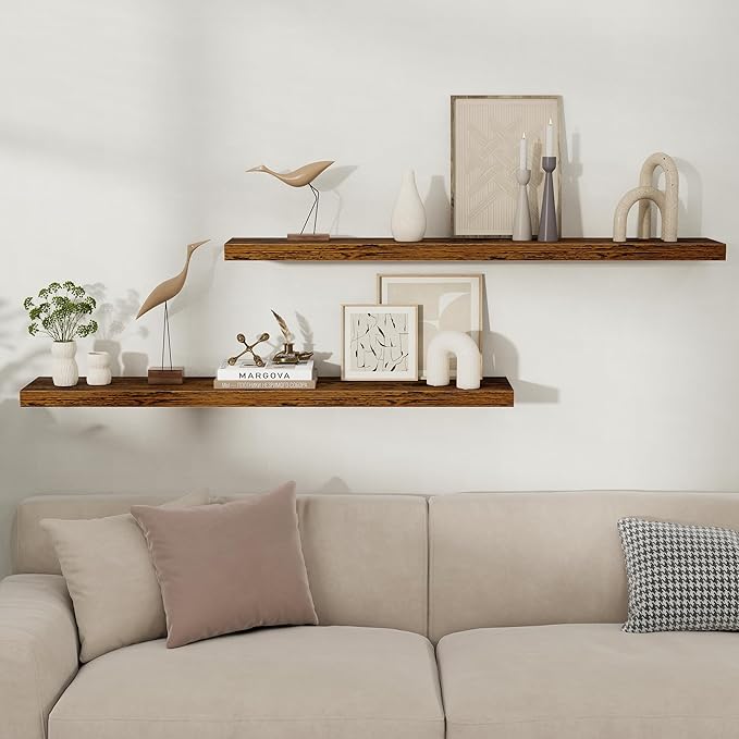 Fun Memories Floating Shelves for Wall, Rustic Wood Wall Mounted Shelves for Bathroom, Bedroom, Living Room and Kitchen, Storage & Home Decor (Set of 2, Brown, 48 in)