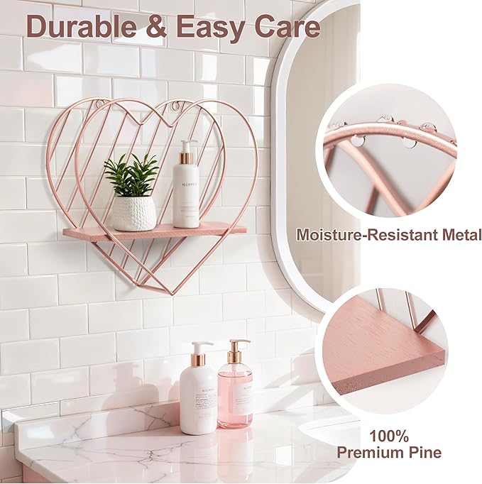 Afuly Floating Shelves for Wall, Cute Heart Wall Shelf Pink Funky Organizer Small Hanging Trinket Storage Aesthetic Room Decor for Bedroom Bathroom Hallway Entryway Vanity, Rose Gold