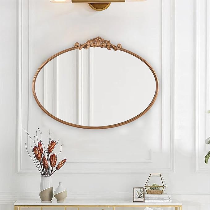 HQiJun Oval Gold Mirror for Bathroom Vanity, Baroque Ornate Vintage Wall Mirror with Large Rounded Metal Frame, Decorative Antique Brass Mirror for Bedroom, Dresser, Entryway (Gold, 24”x 35.5" x1.2")