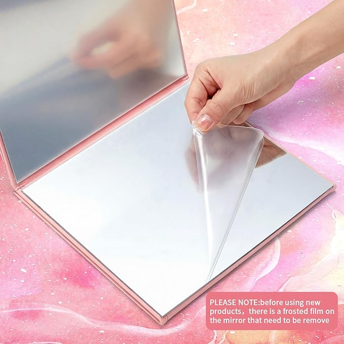 3 Way Foldable Full Length Mirror with Handle 31.89 x 11.22 Inches Leather Portable Camping Travel Hanging Folding Body Mirror for Makeup Dance Fitness Spa Hair Styling(Pink,Classic)