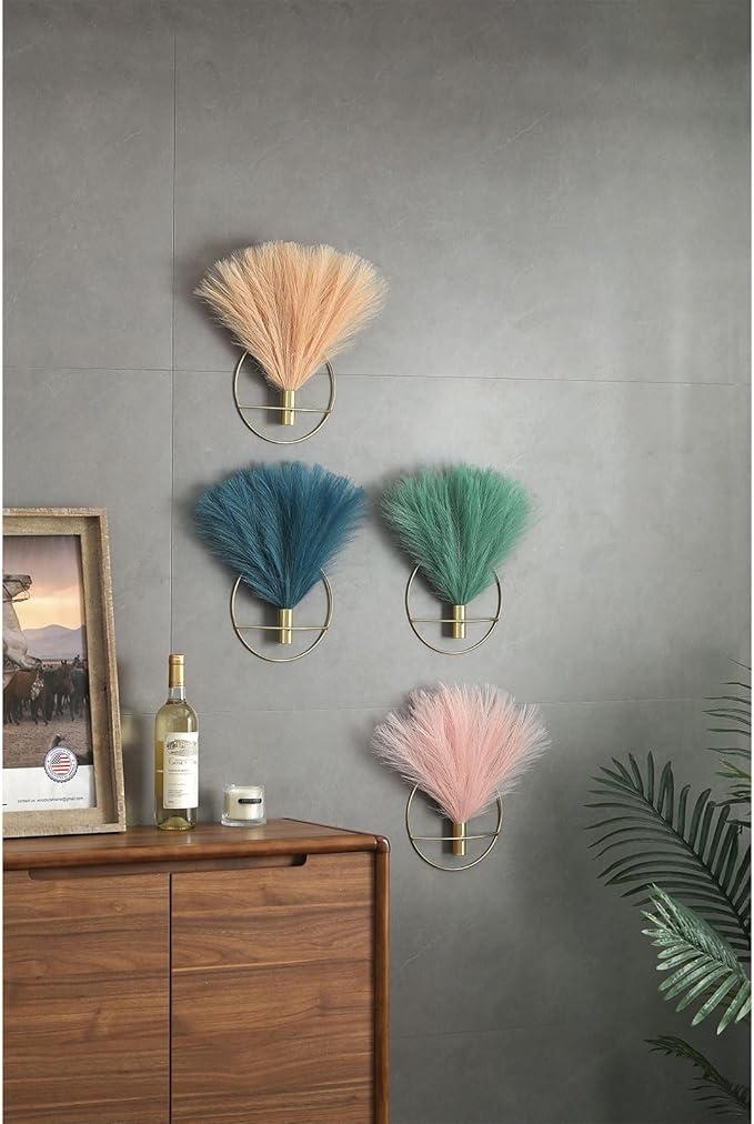 Pretty Jolly Boho Wall Art, Hanging Artificial Pampas Display, 2 Pack - Wall-Mounted Metal Wall Art for Living Room, Bedroom, Bathroom, Dining Room - Bright Blue, Green, Gold