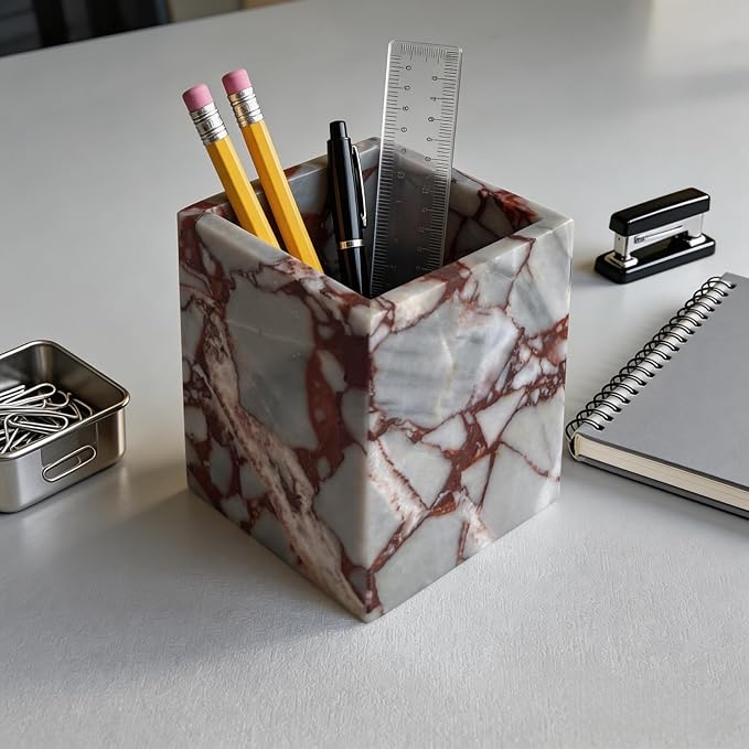 Natural Marble Stone Square Storage Container Empty Vessel Holder Cup for Candle/Pens/Sundries items (Calacatta Red)