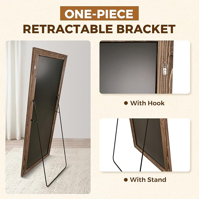 Full Length Mirror 65"x24" - Beveled Edge Rustic Brown Dressing Mirror, Solid Wood Frame, Wall Mounted or Standing for Bedroom, Entryway, Living Room