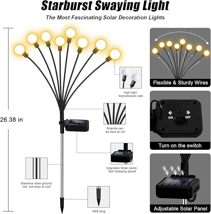 NBQQ Solar Garden Lights Outdoor, Swaying Light Waterproof Solar Lights Outdoor for Yard Pathway Patio, Swaying Lawn Decor as Gardening Gifts for Women Holiday (Warm White, 2 Pack)