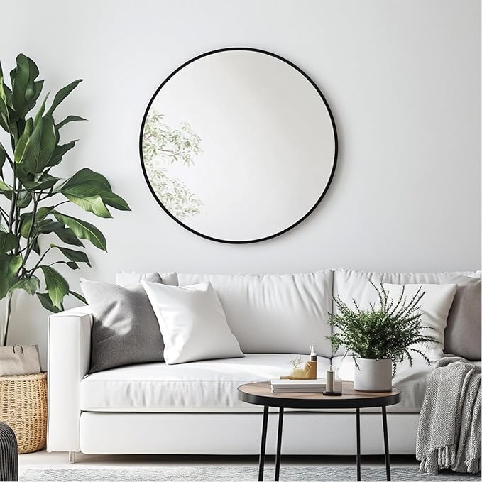 Oruii Round Mirror 28 inch, Black Round Mirror, Large Circle Mirrors Metal Frame, Black Circle Mirrors for Wall, Bathroom, Living Room, Dining Room, Entryway.