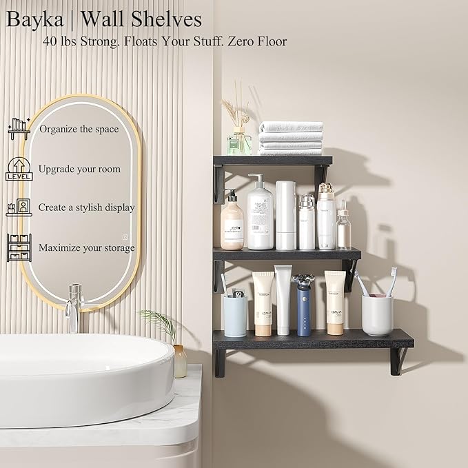 BAYKA Wall Mounted Floating Shelves, Wood Floating Wall Shelf for Books & Decor, Small Space-Saving Display & Organizer（Black，Set of 4）