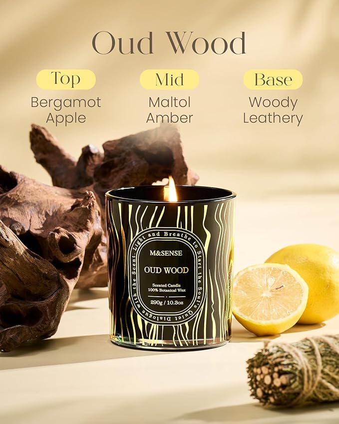 M&SENSE Oud Wood Scented Candle, Natural Soy Candles for Home Scented Non-Toxic, Calm Relax Home Decor, 55 Hours Long Burning 10.3oz, Luxury Housewarming Gifts