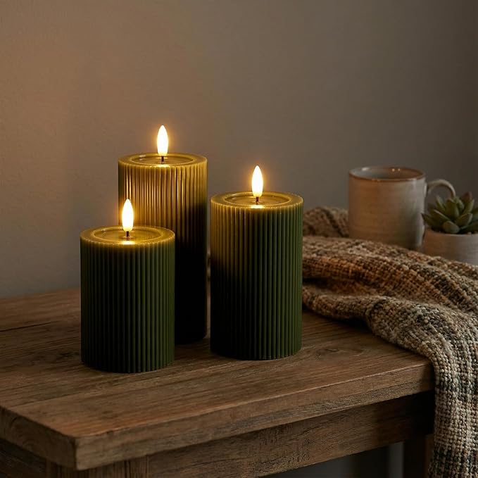 Fluted Ribbed LED Pillar Candles, Loden Green, with Reflective Melted-Wax Effect – Flickering Flame, Remote, Dimmable, Flameless, Battery Operated, Home & Wedding Decor (Set of 3)