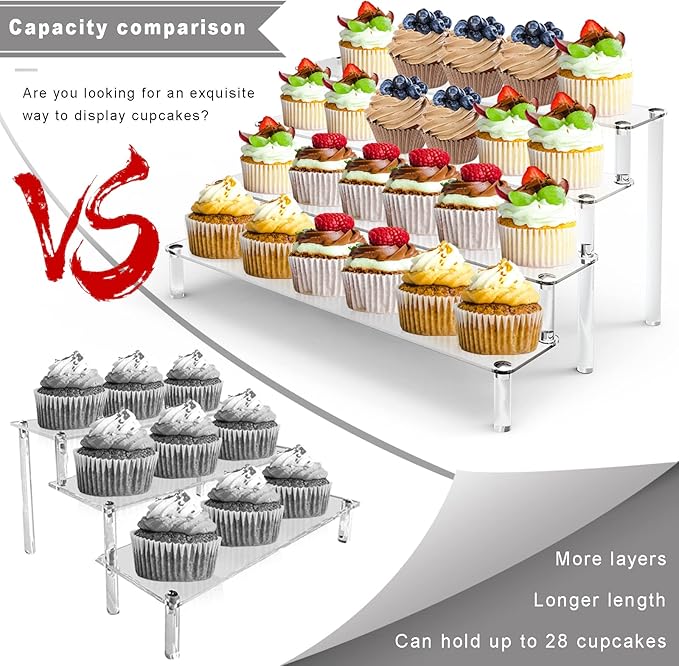 KALYLOC 2Pcs Acrylic Riser Shelf Display Stand, 4 Tier Clear Display Shelf Action Figures Holder, Collectibles Shelf for Toys Cupcakes Dessert Jewels Figurines(15.7x10.5x7.5inch)