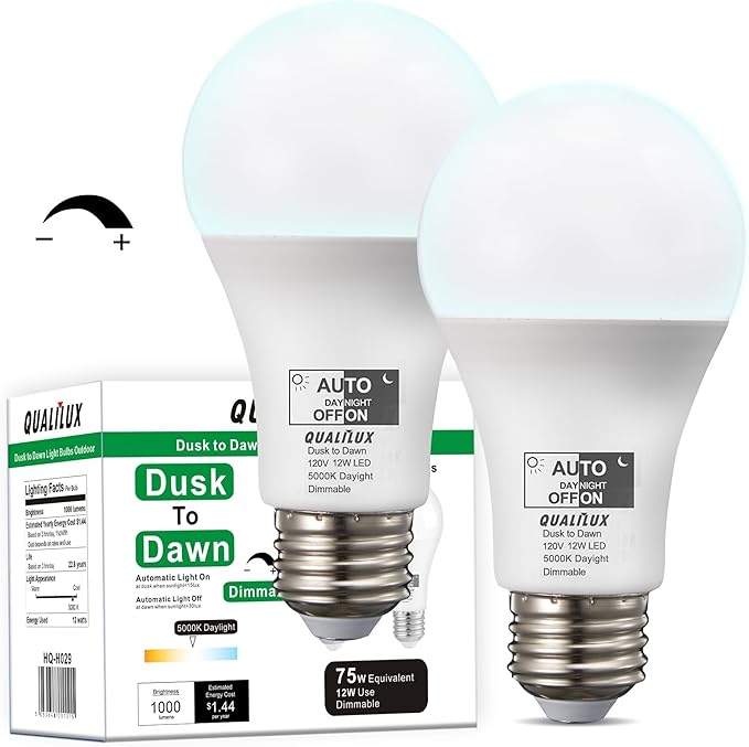 Qualilux Dusk to Dawn Light Bulbs, Auto On/Off Light Sensing LED Bulbs Outdoor, Daylight, Dimmable, 12W 1000LM 75W Equivalent, HQ-H029