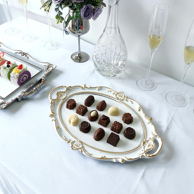 Oval Decorative Mirror Tray, French Style, Makeup Organizer, Jewelry Organizer, Serving Tray, 9.8"x 14.6", Golden White