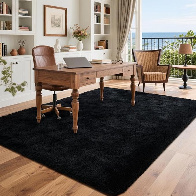 Black Rugs for Living Room Fluffy 5x8 ft Bedroom Rug Non-Slip Area Rugs Shag Carpet for Nursery Kids PlayRoom Dorm Office Indoor Modern Plush Carpets Boys