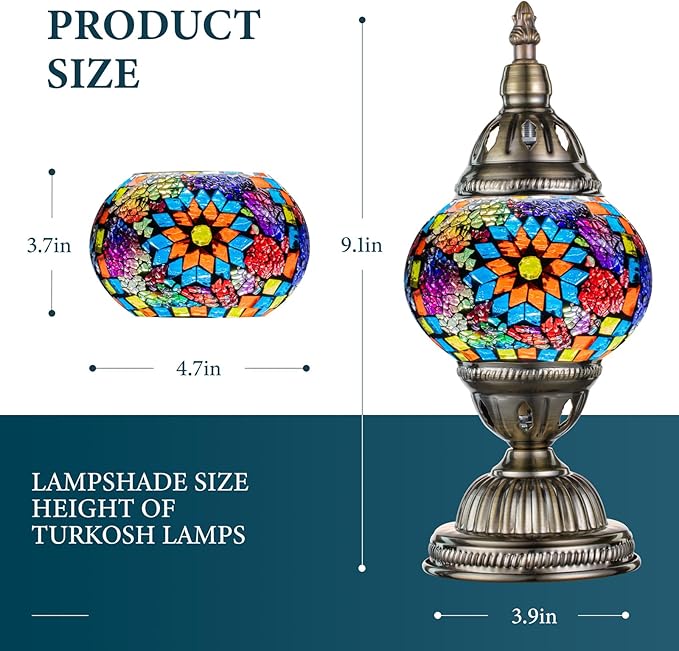 Marrakech Turkish Table Lamp with Bronze Base，Handmade Colorful Moroccan Tiffany Style Mosaic Glass Night Stand Light Fixture Including LED Bulb for Living Room Bedroom Decor (Colorful1)
