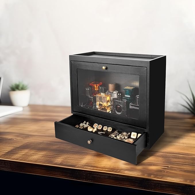 Wooden Cologne Organiser with Acrylic Display & Drawer,Vanity Storage Rack for Perfumes,Jewellery & Cosmetics,Cologne Display Stand for Men & Women,Bedroom and Bathroom Vanity Storage Black