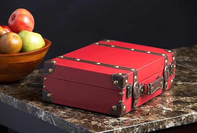 wald imports - Paperboard Suitcase -Decorative Storage Boxes - Suitcase for Decoration, Storage, and More (Faux Leather Red)