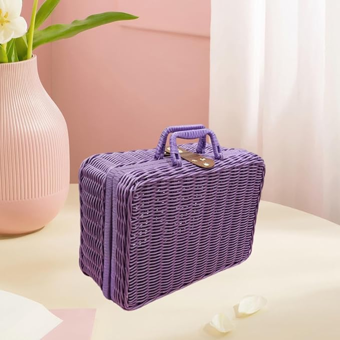 Woven Suitcase Imitation Rattan Storage Basket Portable Photo Prop Makeup Case Picnic Basket for Tabletop Bathroom Household, Violet L
