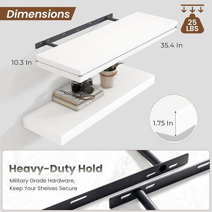 Heimlove 36 Inch White Floating Shelves for Wall,10 Deep Wood Shelves with Invisible Brackets,Wall Mounted Storage & Display Shelves for Bedroom,Living Room,Kitchen,Office