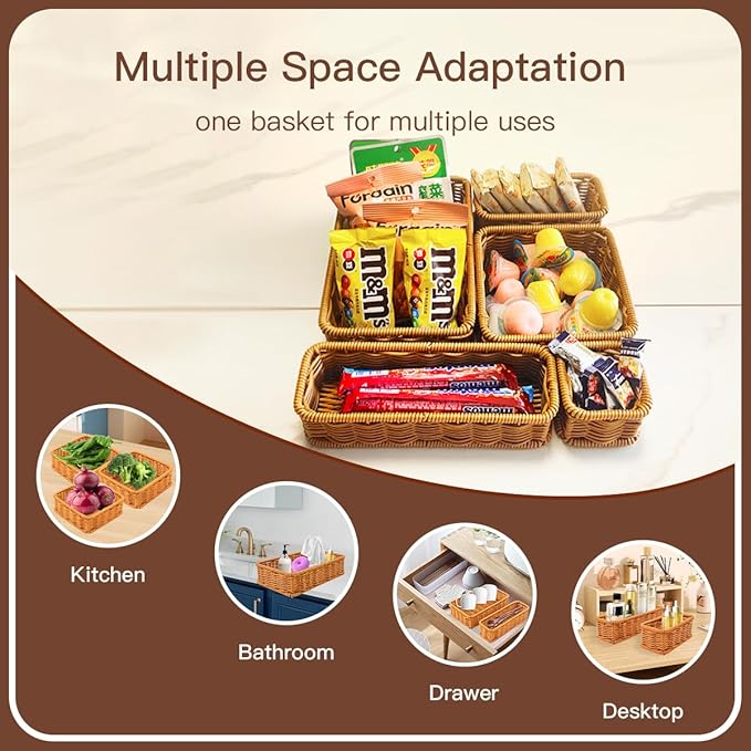 Drawer Organizers- Plastic Rattan Storage Trays for Bedroom, Bathroom, Kitchen, Office, Handwoven organizer, Waterproof and Easy Clean, 1 Set, Natural Color